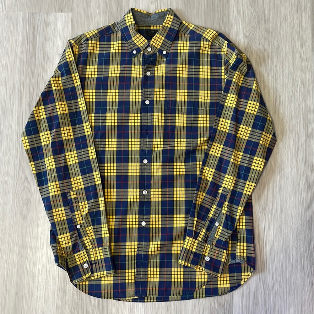 J. Crew Tartan Button Down Dress Shirt - Navy Blue/Yellow (M)